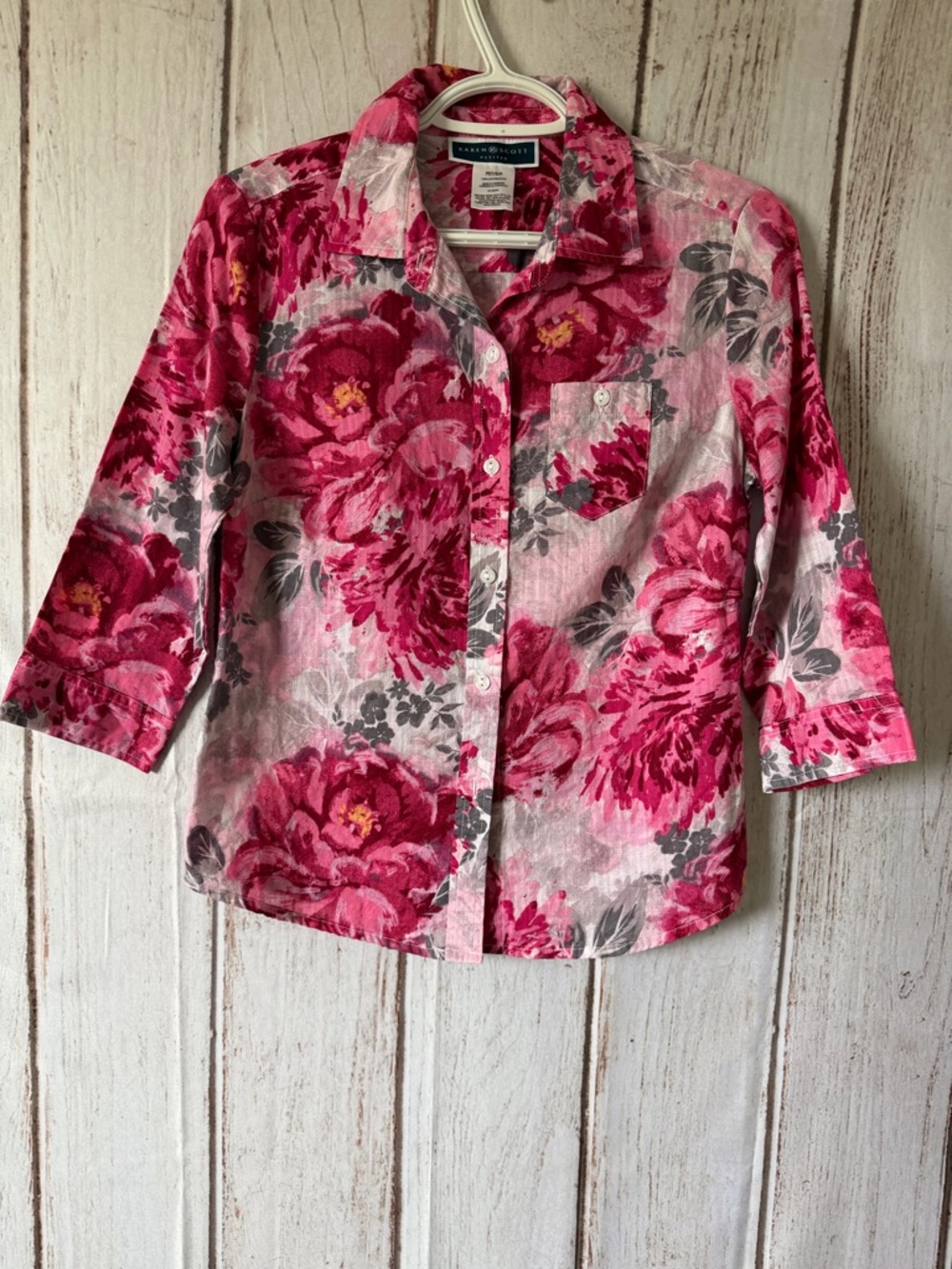 Karen Scott Petites Pink Floral 100% Cotton Button-Up Shirt